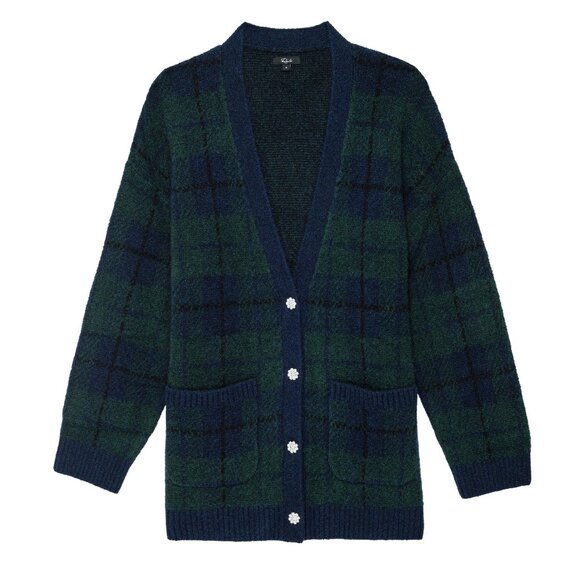 Last Chance! New Rails Runi Tartan Jeweled Button Cardigan Navy Green XS $268 - Picture 1 of 9